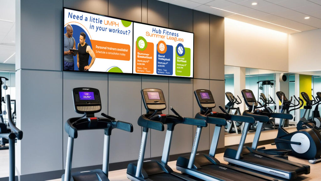 Digital signage in fitness center showcasing personal trainer promotion. 